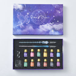 Two Glass Dip Pen with 12 Inks Gift Set