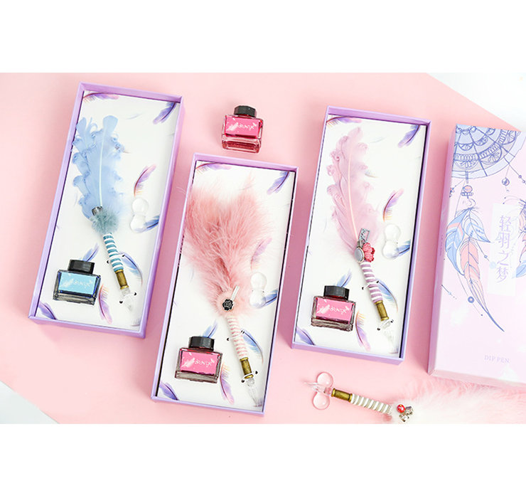 Handmade Fantasy Glass Pen with Feather - Glass Dipping Pen Gift Set