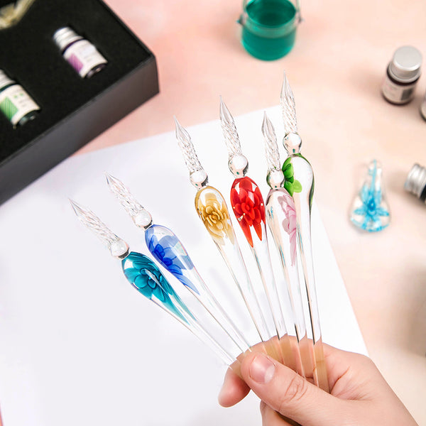 3D Flower Glass Dip Pen with Ink - Crystal Pen with Flower Inside